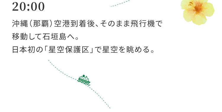 20:00 沖縄（那覇）空港到着後、そのまま飛行機で移動して石垣島へ。日本初の「星空保護区」で星空を眺める。