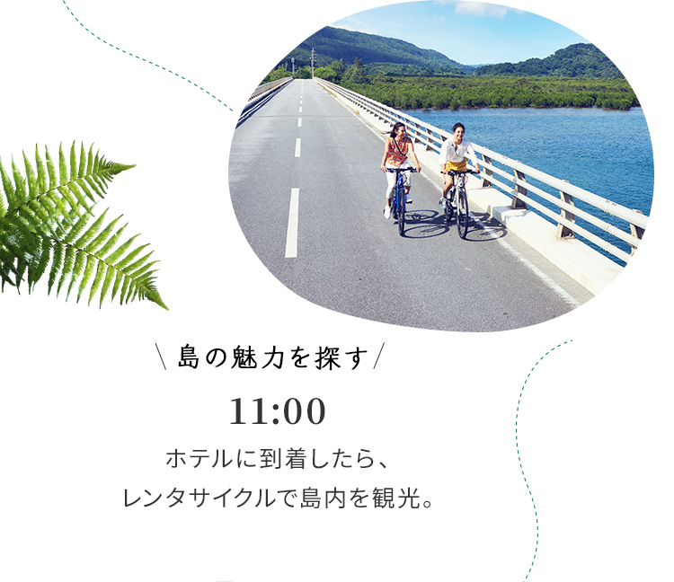 島の魅力を探す 11:00 ホテルに到着したら、レンタサイクルで島内を観光。