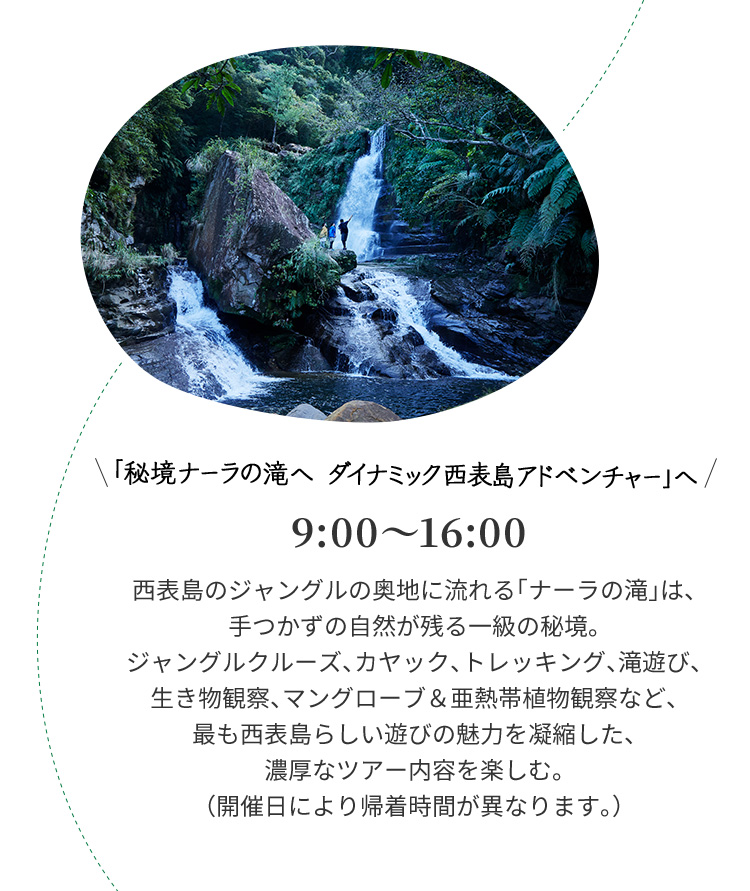 「秘境ナーラの滝へ ダイナミック西表島アドベンチャー」へ 9:00～16:00 西表島のジャングルの奥地に流れる「ナーラの滝」は、手つかずの自然が残る一級の秘境。 ジャングルクルーズ、カヤック、トレッキング、滝遊び、 生き物観察、マングローブ＆亜熱帯植物観察など、最も西表島らしい遊びの魅力を凝縮した、濃厚なツアー内容を楽しむ。（開催日により帰着時間が異なります。）