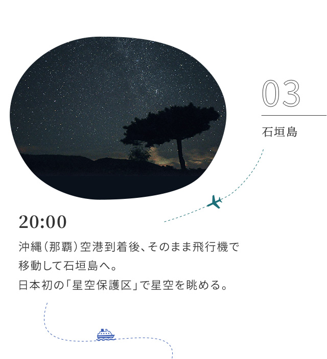 03 石垣島 20:00 沖縄（那覇）空港到着後、そのまま飛行機で移動して石垣島へ。日本初の「星空保護区」で星空を眺める。