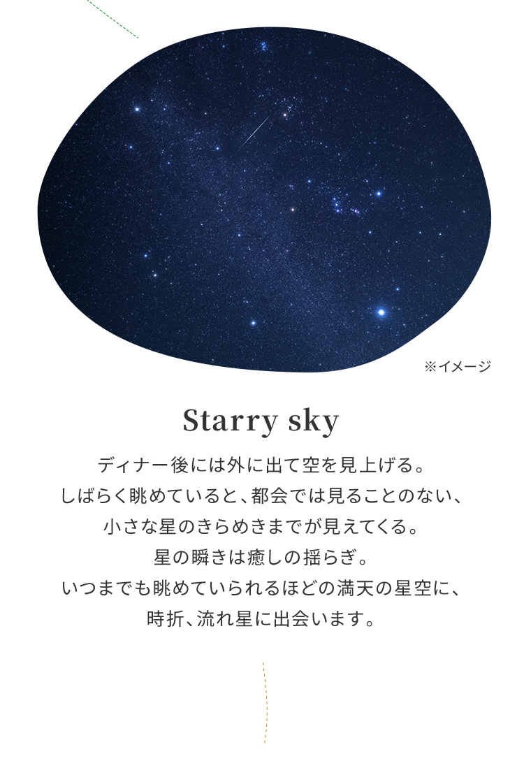 Starry sky ディナー後には外に出て空を見上げる。しばらく眺めていると、都会では見ることのない、小さな星のきらめきまでが見えてくる。星の瞬きは癒しの揺らぎ。いつまでも眺めていられるほどの満天の星空に、時折、流れ星に出会います。