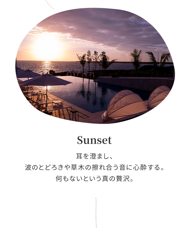 Sunset 耳を澄まし、波のとどろきや草木の擦れ合う音に心酔する。何もないという真の贅沢。