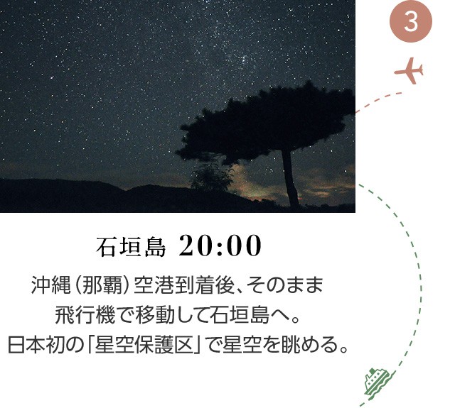 石垣島 20:00 沖縄（那覇）空港到着後、そのまま飛行機で移動して石垣島へ。日本初の「星空保護区」で星空を眺める。