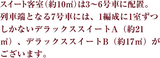 スイート客室（約10㎡）は3～6号車に配置。列車端となる7号車には、1編成に1室ずつしかないデラックススイートA（約21㎡）、デラックススイートB（約17㎡）がございます。