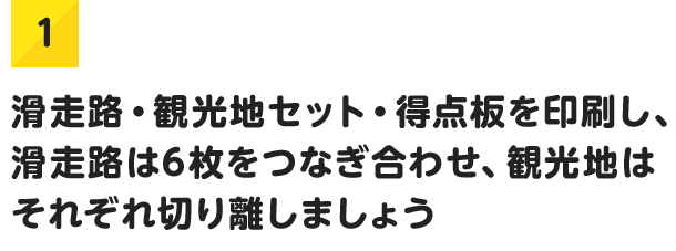 1.滑走路・観光地セット・得点板を印刷し、滑走路は6枚をつなぎ合わせ、観光地はそれぞれ切り離しましょう
