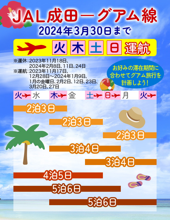 JJAL成田ーグアム線運航日カレンダー　2023年11月30日まで　お好みの滞在期間に合わせてグアム旅行を計画しよう！　火・木・土・日 運行　※運休：2023年11月18日、2024年2月8日、11日、24日　※運行：2023年11月17日、12月28日～2024年1月9日、1月の金曜日、2月2日、12日、23日、3月20日、27日