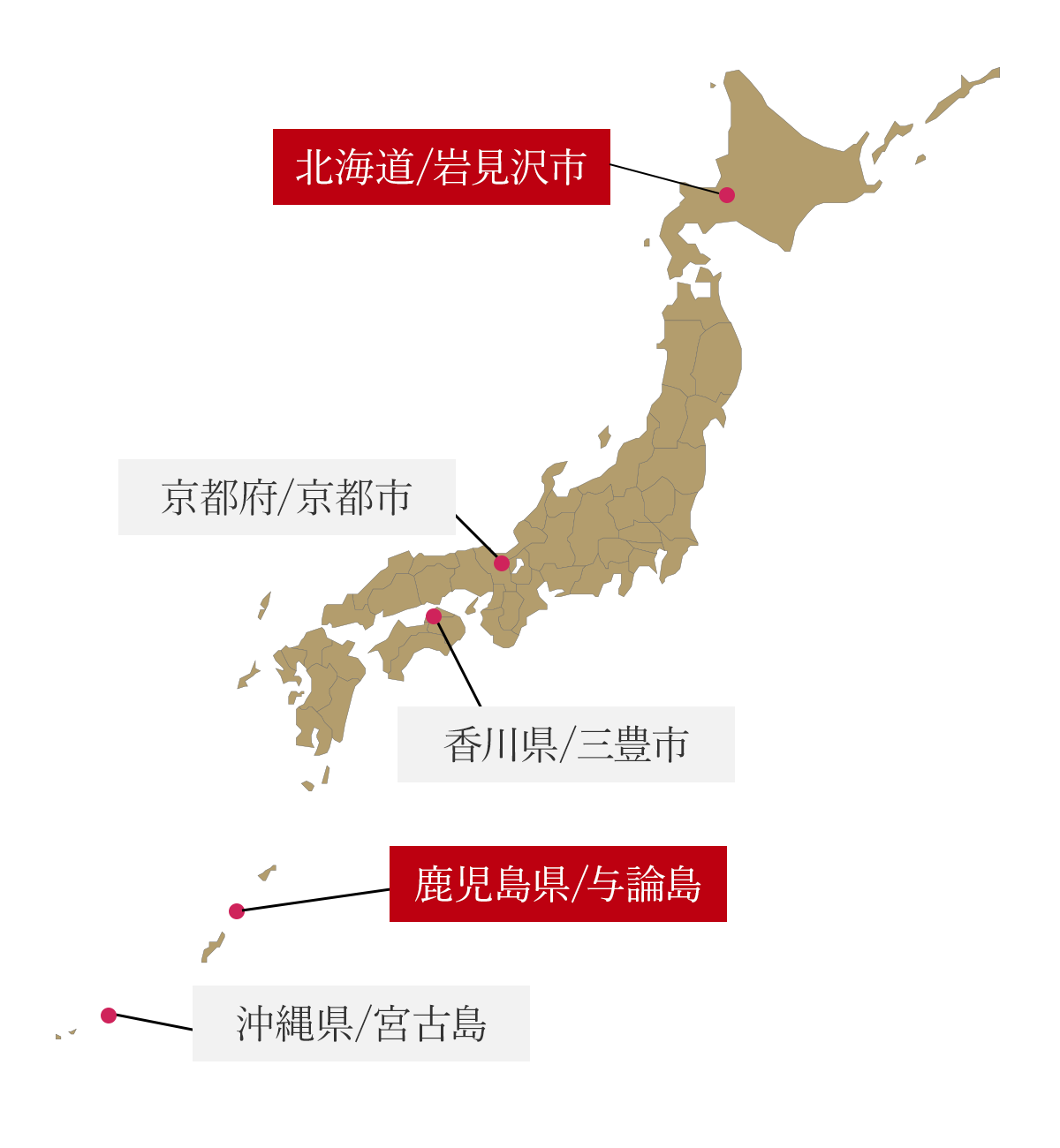 北海道石見沢市 京都府京都市 香川県三豊市 沖縄県宮古島