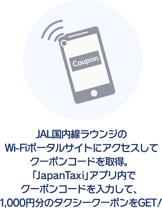 JAL国内線ラウンジのWi-Fiポータルサイトにアクセスしてクーポンコードを取得。「JapanTaxi」アプリ内でクーポンコードを入力して、1,000円分のタクシークーポンをGET!