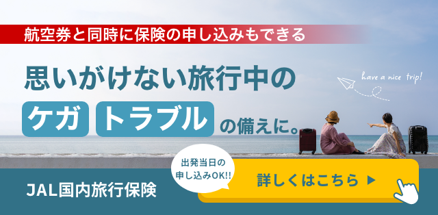 航空券と同時に保険の申し込みもできる 思いがけない旅行中のケガトラブルの備えに。 出発当日の申し込みOK！！詳しくはこちら JAL国内旅行保険