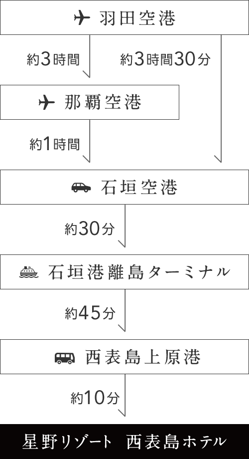 羽田空港から約3時間で那覇空港 羽田空港から約3時間30分で石垣空港 石垣空港から約30分で石垣港離島ターミナル 石垣港離島ターミナルから約45分で西表島上原港 西表島上原港から約10分で星野リゾート 西表島ホテル