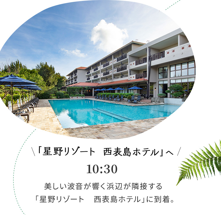 星野リゾート 西表島ホテルへ 10:30 美しい波音が響く浜辺が隣接する「星野リゾート 西表島ホテル」に到着。