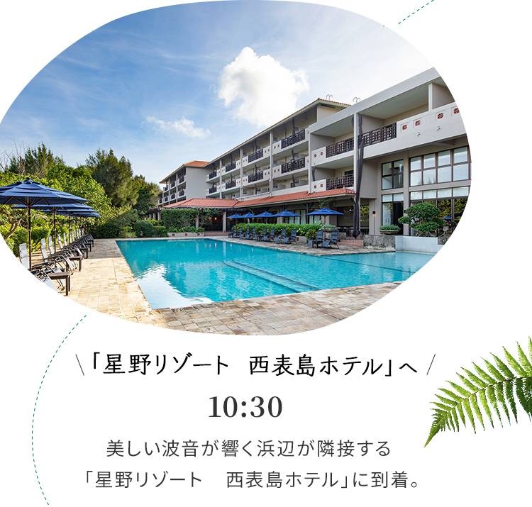 星野リゾート 西表島ホテルへ 10:30 美しい波音が響く浜辺が隣接する「星野リゾート 西表島ホテル」に到着。