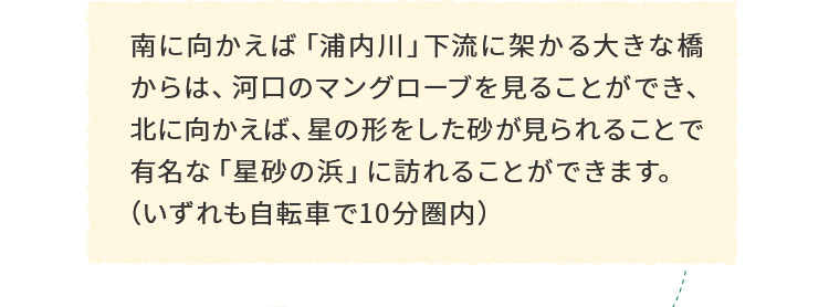 南に向かえば「浦内川」下流に架かる大きな橋からは、河口のマングローブを見ることができ、北に向かえば、星の形をした砂が見られることで有名な「星砂の浜」に訪れることができます。(いずれも自転車で10分圏内)