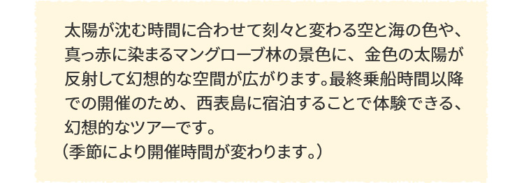 太陽が沈む時間に合わせて刻々と変わる空と海の色や、真っ赤に染まるマングローブ林の景色に、金色の太陽が反射して幻想的な空間が広がります。最終乗船時間以降での開催のため、西表島に宿泊することで体験できる、幻想的なツアーです。(季節により開催時間が変わります。)