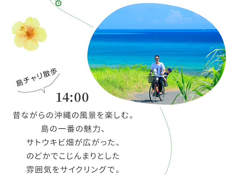 14:00 昔ながらの沖縄の風景を楽しむ。島の一番の魅力、サトウキビ畑が広がった、のどかでこじんまりとした雰囲気をサイクリングで。