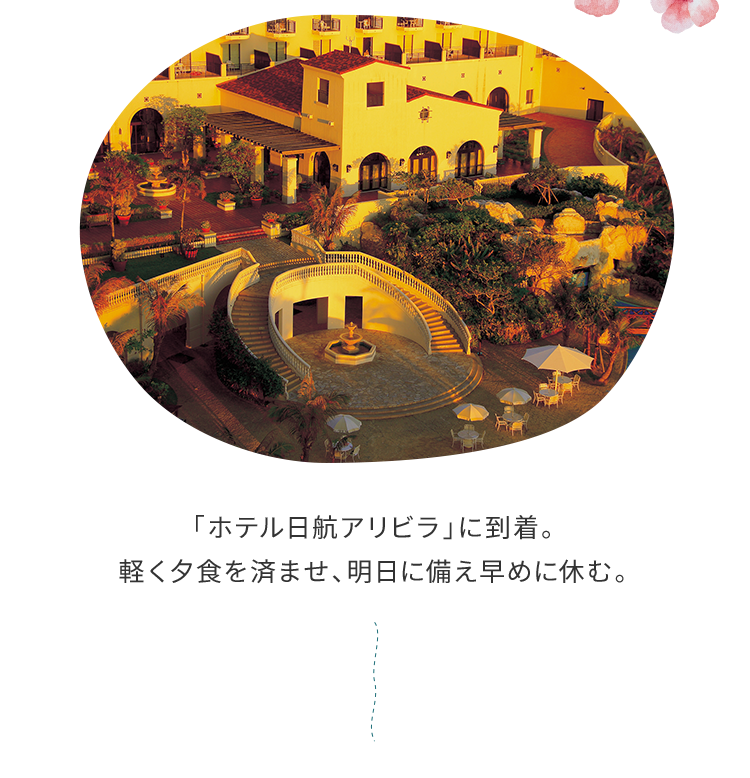 「ホテル日航アリビラ」に到着。軽く夕食を済ませ、明日に備え早めに休む。