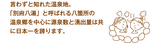 言わずと知れた温泉地。「別府八湯」と呼ばれる八箇所の温泉郷を中心に源泉数と湧出量は共に日本一を誇ります。