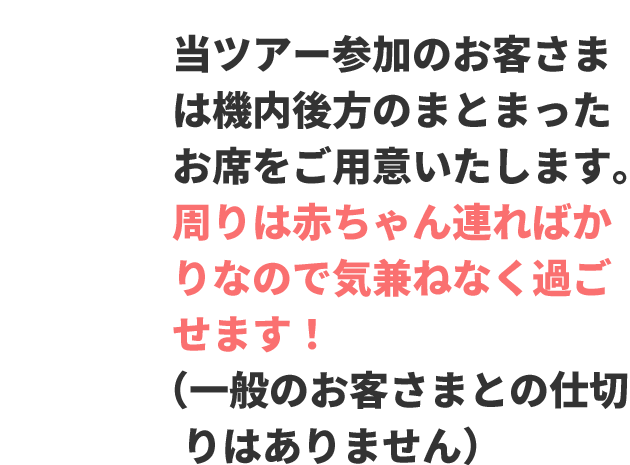 当ツアー参加のお客さまは機内後方のまとまったお席をご用意いたします。周りは赤ちゃん連ればかりなので気兼ねなく過ごせます！（一般のお客さまとの仕切りはありません）