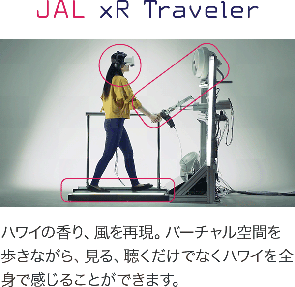 JAL xR Traveler ハワイの香り、風を再現。バーチャル空間を歩きながら、見る、聴くだけでなくハワイを全身で感じることができます。