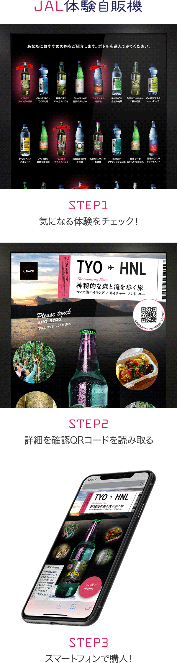 JAL 体験自販機 STEP1 気になる体験をチェック! STEP2 詳細を確認QRコードを読み取る STEP3 スマートフォンで購入!